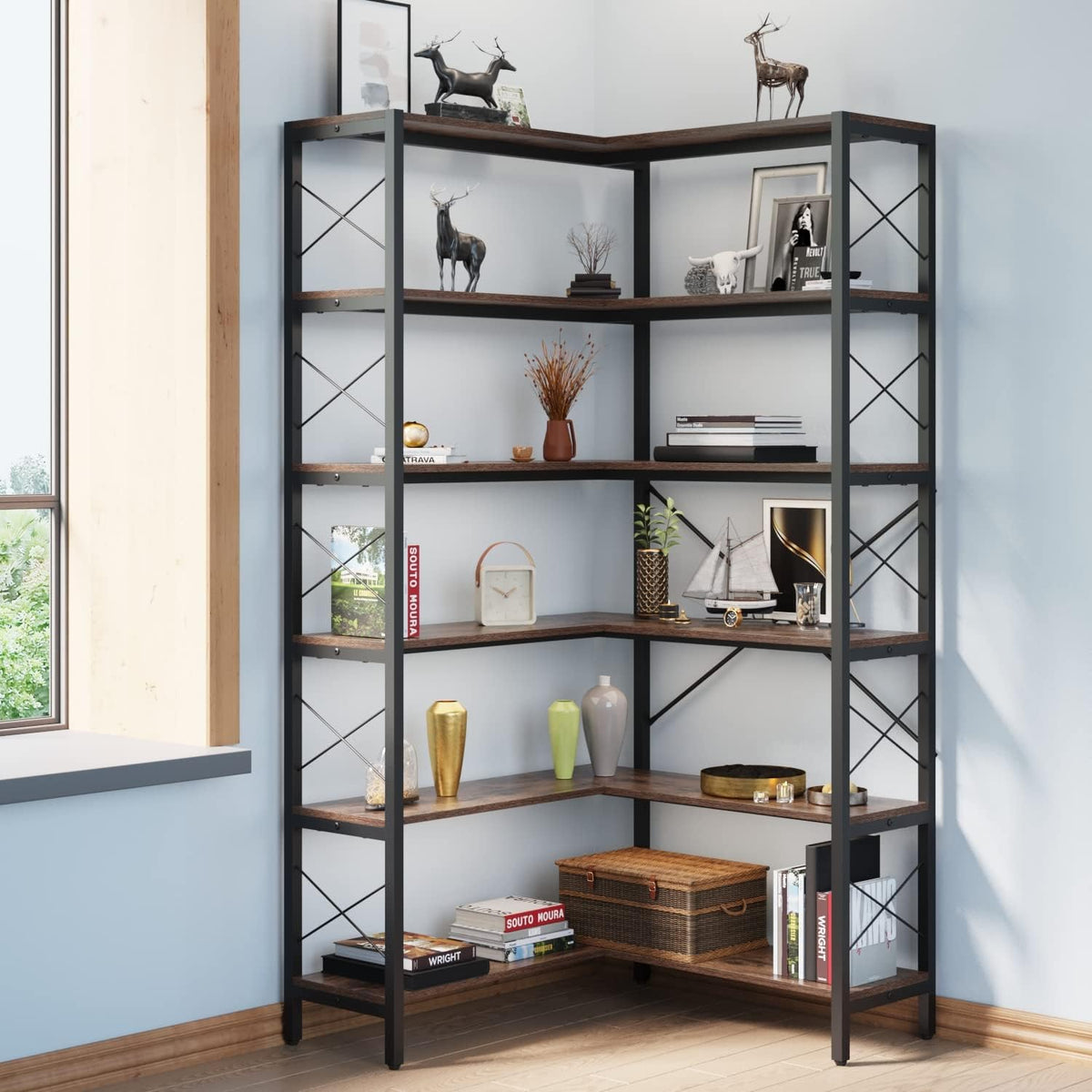 6-Shelf Corner Bookshelf, Vintage Industrial CornerBookshelf Etagere Bookcase, Large Book Shelf with Metal Frame Open Storage Corner Cabinet for Living Room Home Office（Retro Brown）