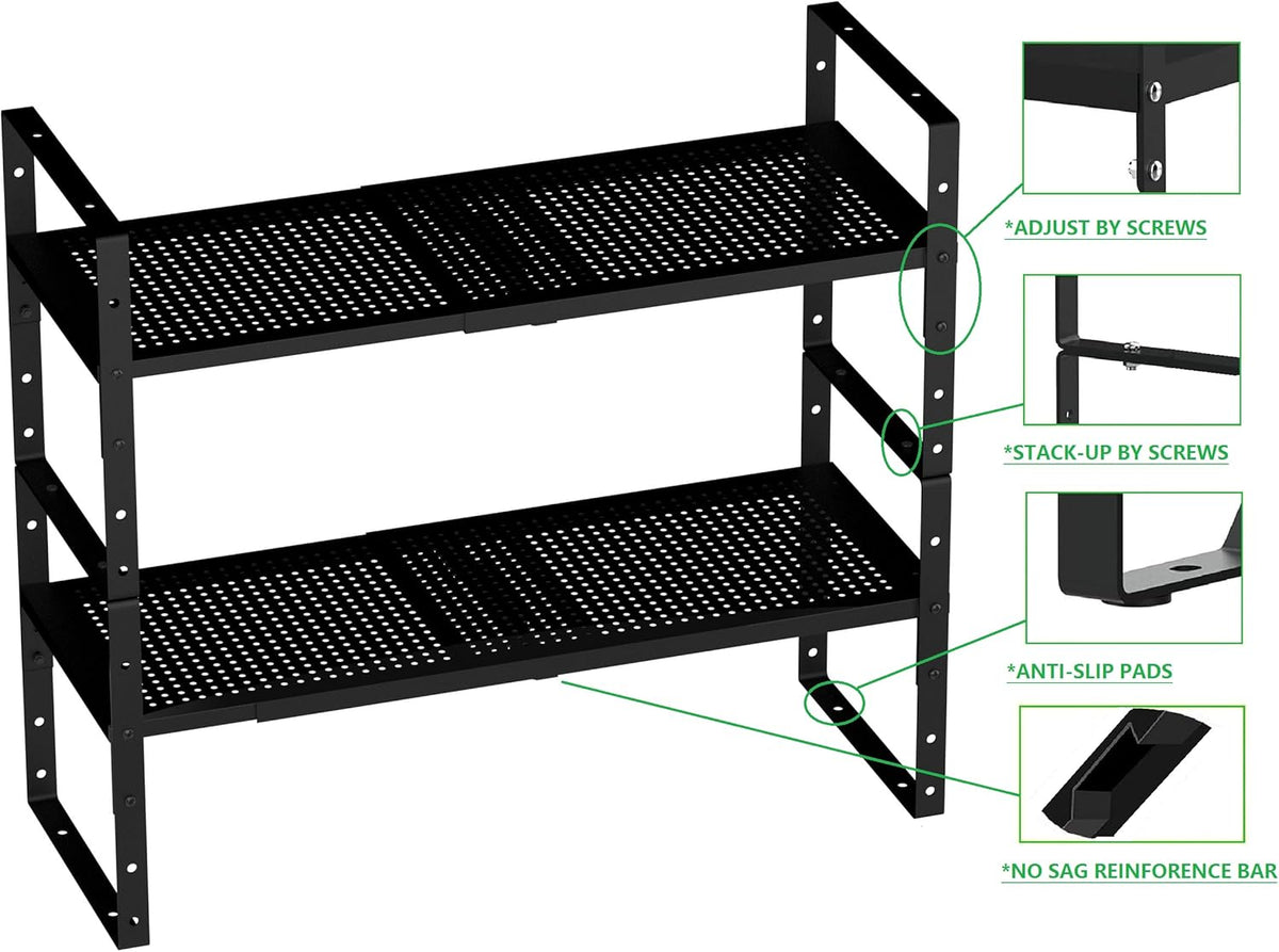 Expandable Shoe Rack Stackable Metal Pantry Storage Shelves Stand Adjustable Height Cabinet Shelf Organizer Racks Spice Shelving(2PACKS/BLACK,MEDIUM)