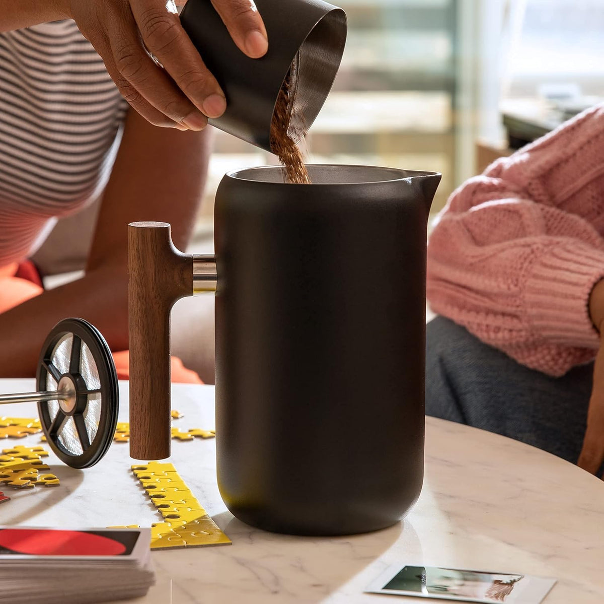 Fellow Clara French Press Coffee Maker - Portable Stainless Steel Coffee Press, Insulated Manual Brewer, Matte Black with Walnut, 24 oz Carafe