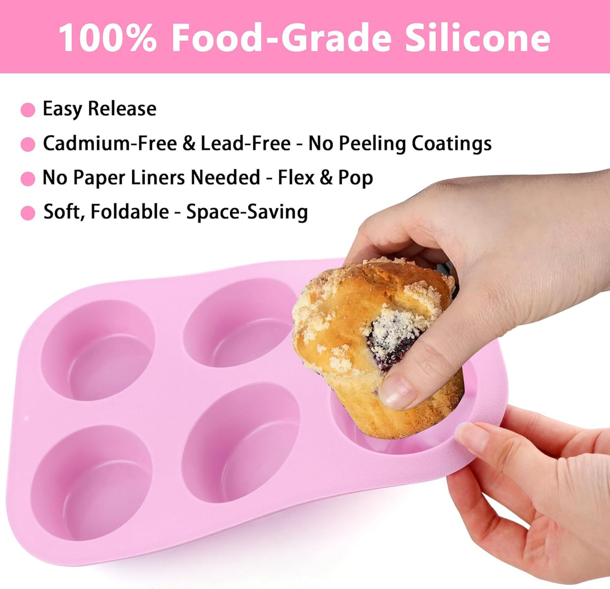 3-Pack 6-Cup Silicone Muffin Pans, Nonstick Cupcake Baking Molds, BPA/PFA-Free, Dishwasher & Oven Safe - Pink