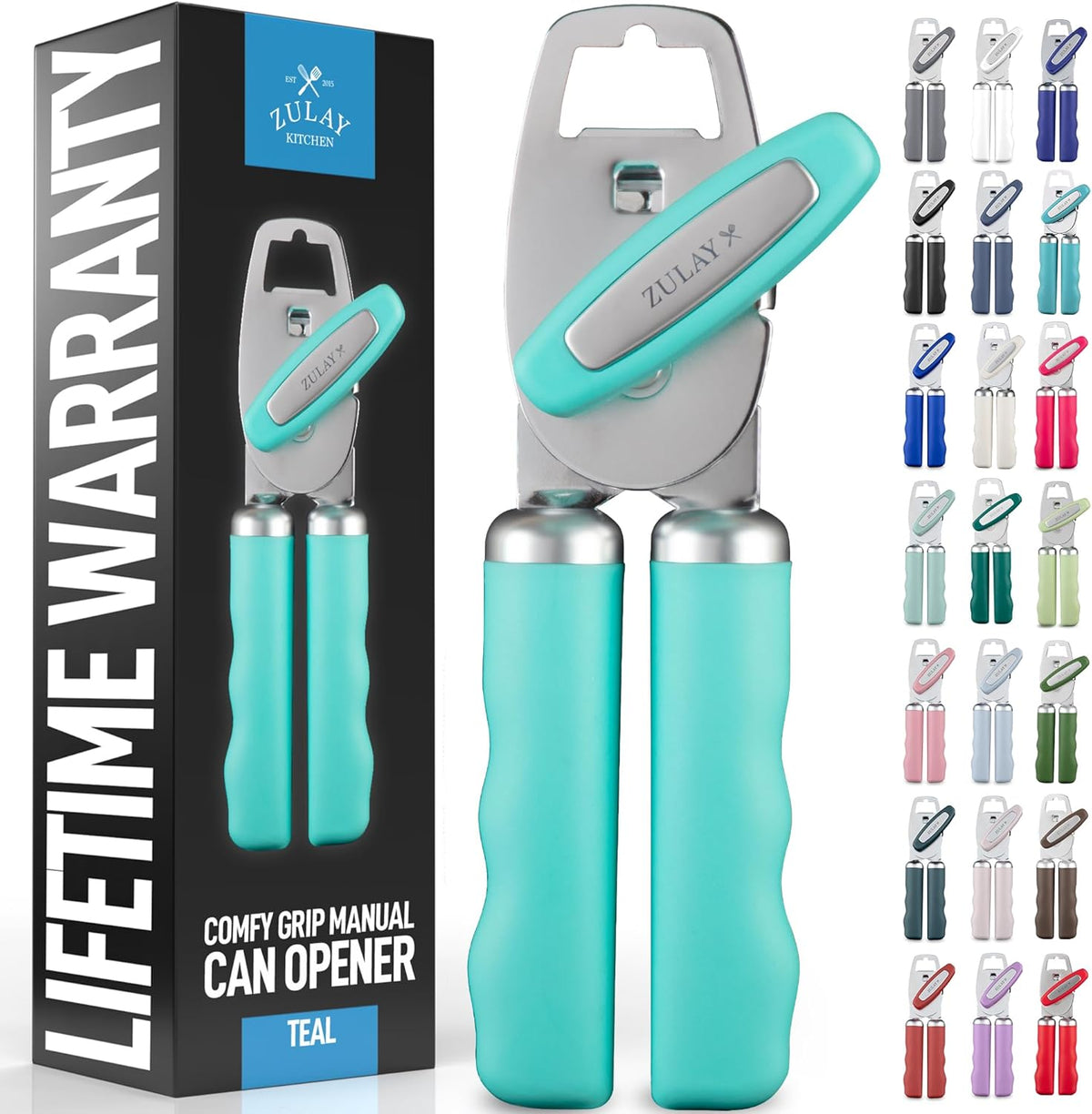 Zulay Kitchen Heavy Duty Stainless Steel Can Opener Manual with Bottle Opener - Rust Proof Manual Can Opener With Turn Knob & Comfy Soft Grip Handles - Teal
