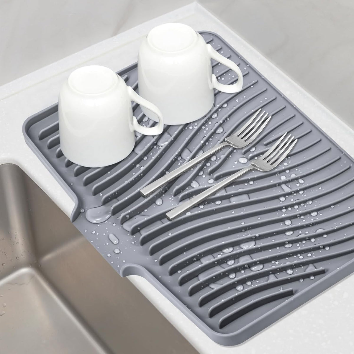 Silicone Dish Drying Mat, Stone Drying Mat for Kitchen Counter with Built-In Drain, Non-Slip Drain Pad with Built-in Drain, Heat Resistant Stone Drying Mat, 1Pcs 19.7" x 17", Grey
