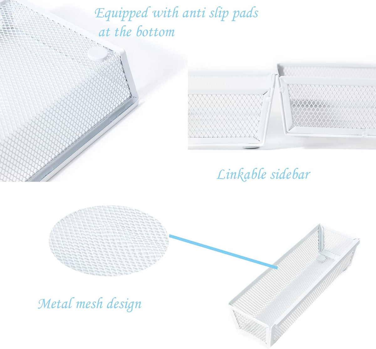 Mesh Tray Kitchen Drawer Utensil Cutlery Tray Office Supplies with Inter-locking Arm Drawer Dividers Organizer for Silverware, Flatware, Home,Office, School,Bedroom(9＂X3＂6pack) White