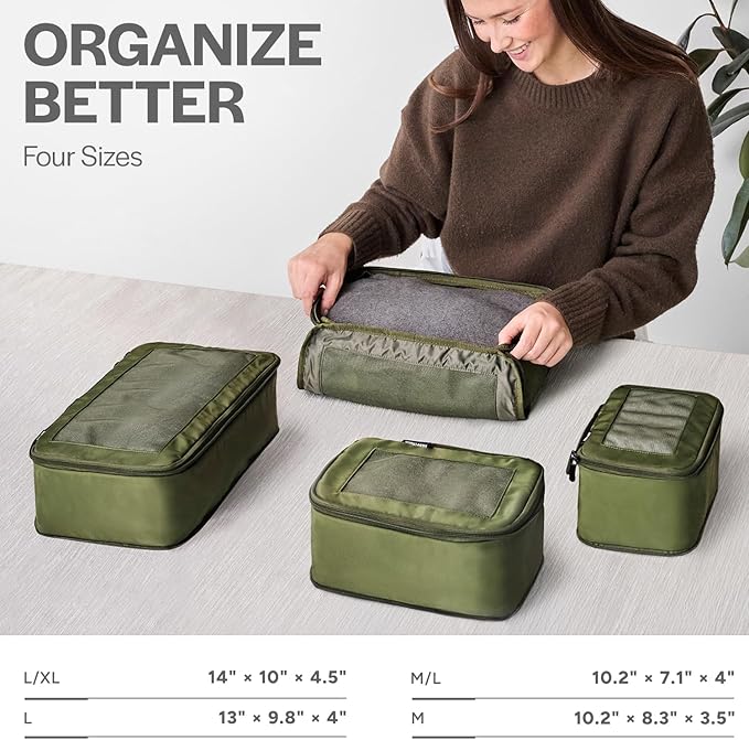 Aerotrunk Compression Packing Cubes for Travel - Luggage Organizer Bags - Double Zipper Packing Cubes for Suitcases (4-Pack, Olive)