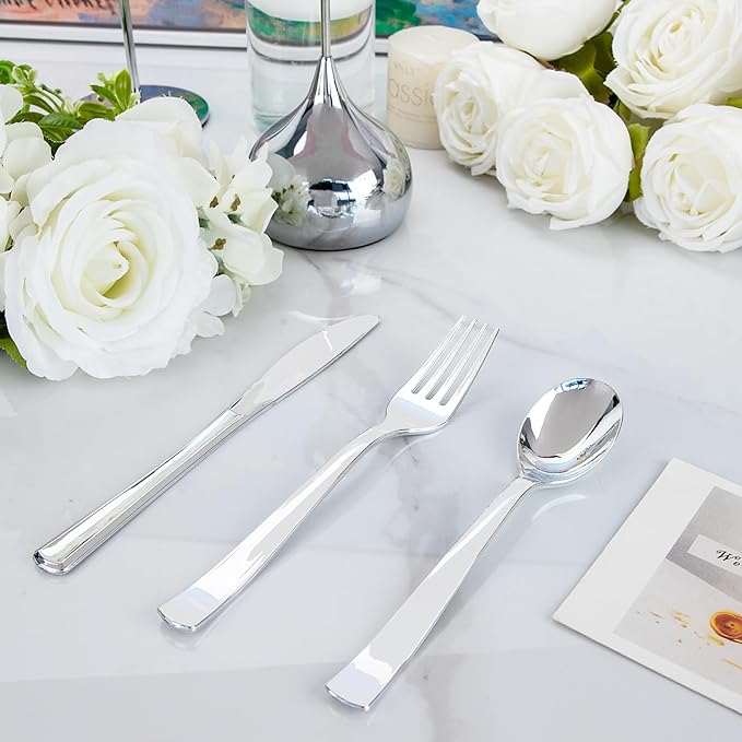 EI 360pcs Silver Plastic Silverware,Plastic Spoons and Forks,Plastic Silverware Heavy Duty,Disposable Plastic Cutlery include 120pcs Plastic Forks,120pcs Plastic Spoons and 120pcs Plastic Knives