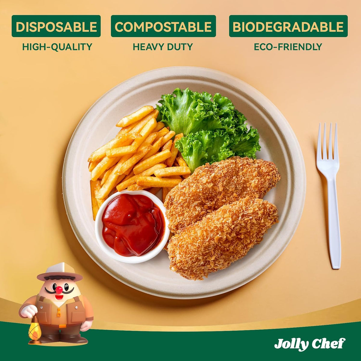 JOLLY CHEF Compostable Heavy Duty Plates 𝟭𝟬 𝗜𝗻𝗰𝗵 [𝟯𝟬𝟬 𝗣𝗮𝗰𝗸] Eco-Friendly Disposable Paper Plates Made of Bagasse Biodegradable Bulk for Party Dinner Sugarcane Fibers Round (Natural)