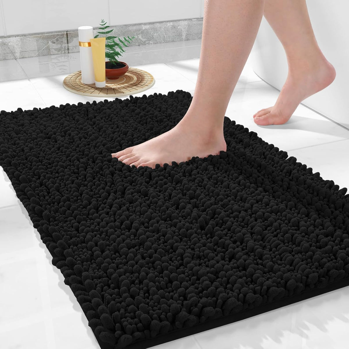 Yimobra Bathroom Rugs Non Slip Washable 32x20 Inch - Ultra Soft Absorbent Chenille Bath Mat, Quick Dry Shaggy Floor Carpet for Tub Shower, Black Home Decor Accessories