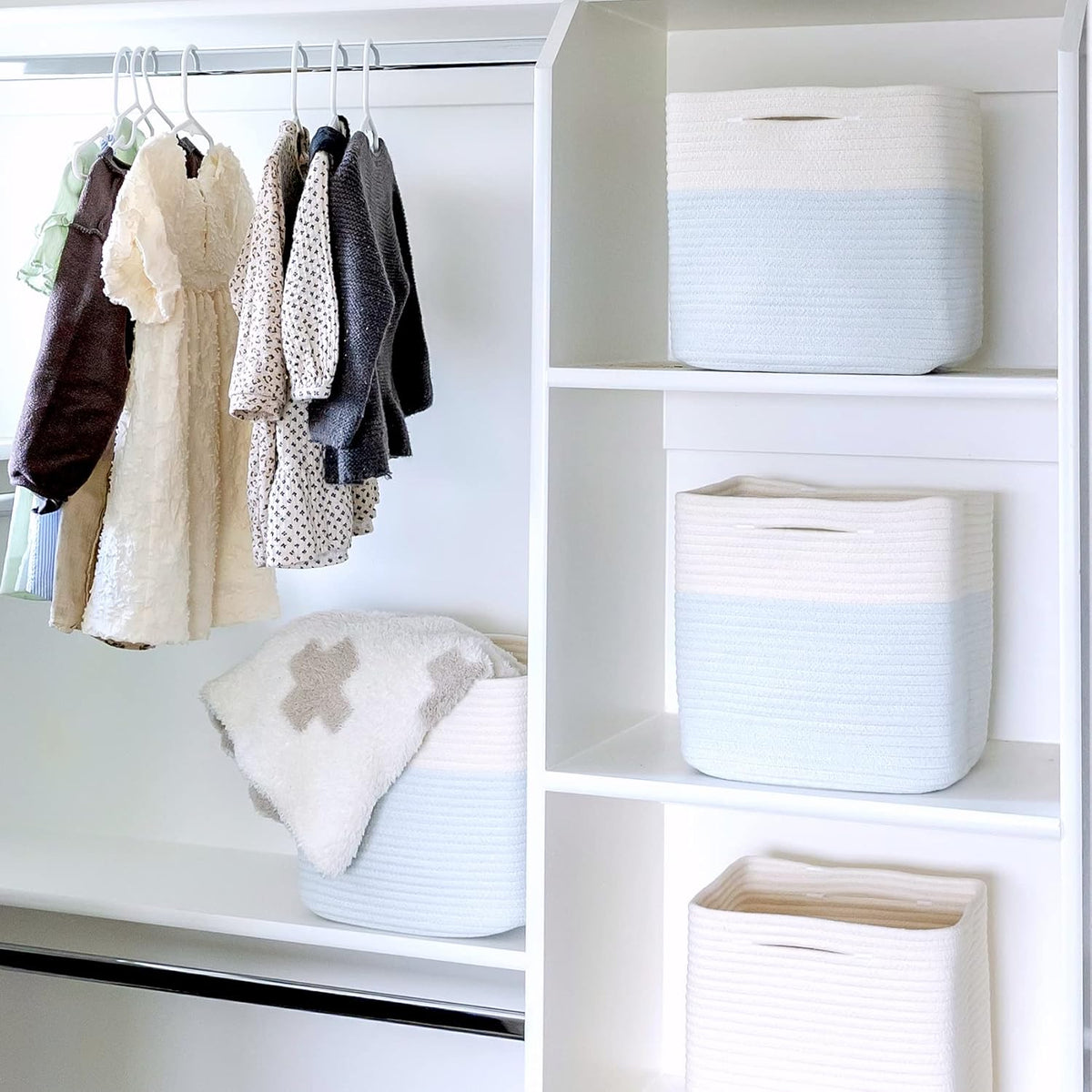 NaturalCozy 13 Inch Cube Storage Bins Cotton Rope Woven Baskets for Organizing 3-Pack | 13 x 13 Storage Cubes | Fabric Square Storage Baskets for Shelves Organizer, Kids Toy Bins, Closet Baby Nursery