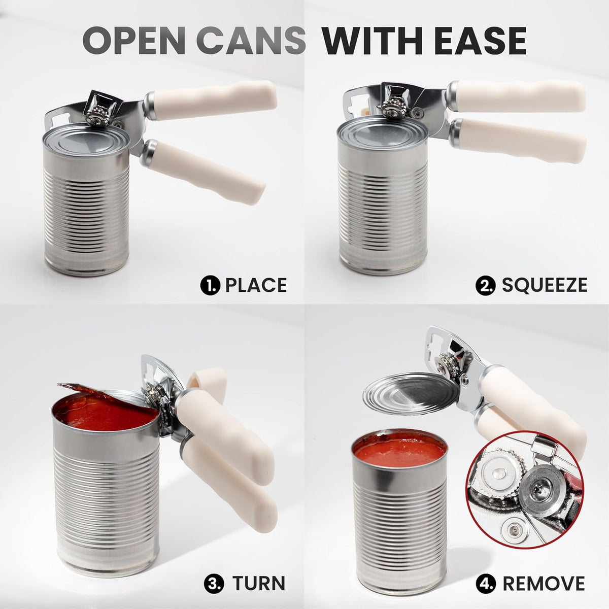 Zulay Kitchen Heavy Duty Stainless Steel Can Opener Manual with Bottle Opener - Rust Proof Manual Can Opener With Turn Knob & Comfy Soft Grip Handles - Cream