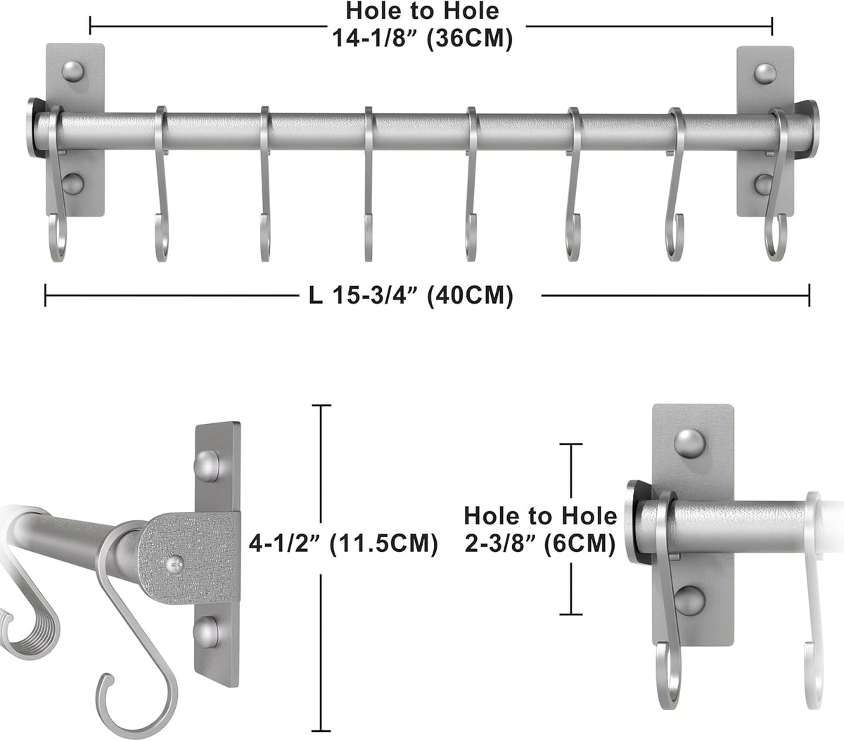 Dseap Kitchen Utensil Holder Hanger, Pot and Pan Rack Wall Mounted, Kitchen Rail with 8 Hooks for Hanging Cooking Utensils, Mugs, Spoons, Wall Mounted, Silver