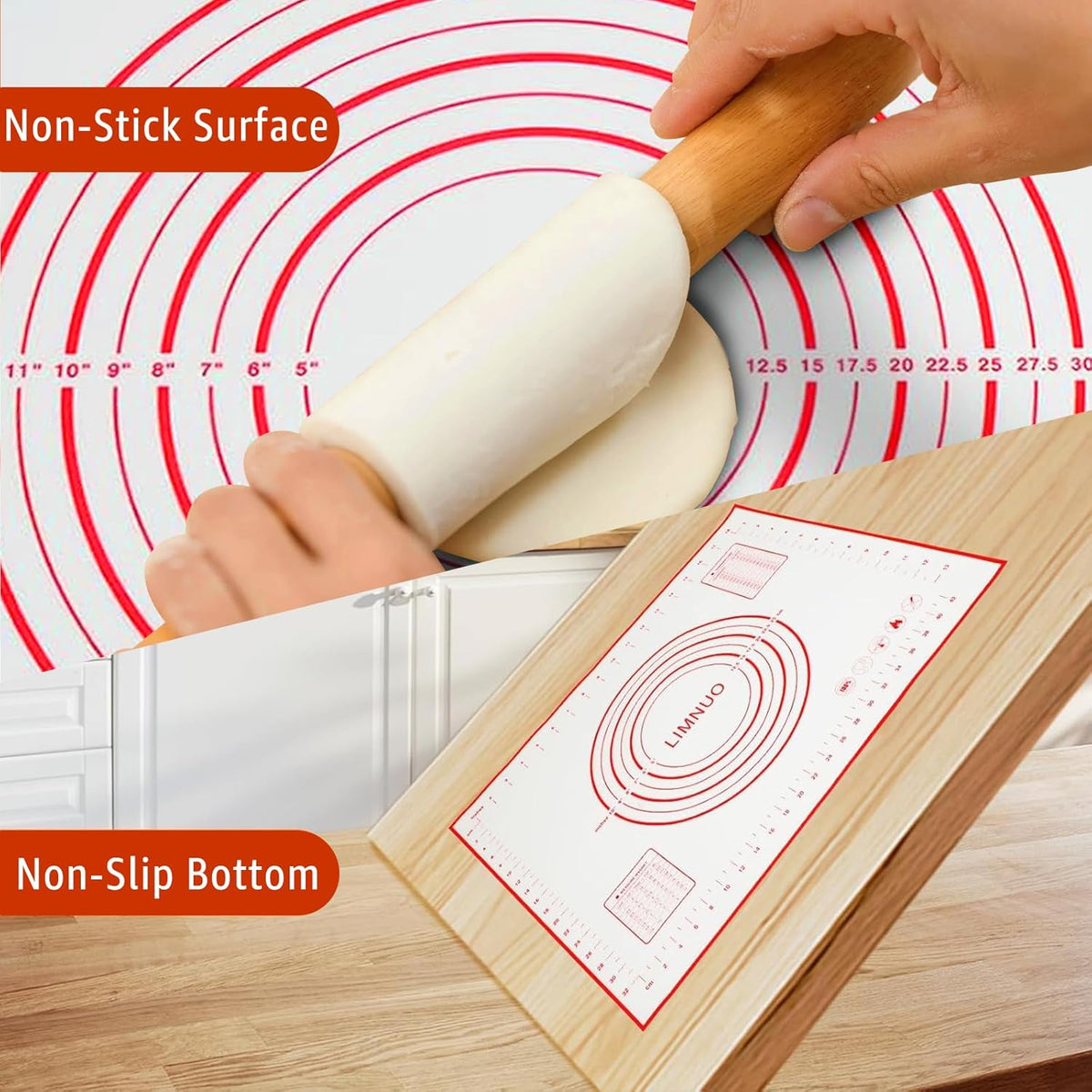 Silicone Baking Mat - Non Stick Pastry Mat Sheet for Dough Rolling, 0.7MM Thick Non-slip Baking Mat With Measurements, Reusable, Easy Clean Silicone Mats for Kitchen Counter (Red)