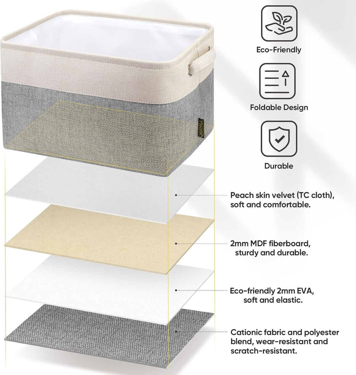 BALEINE 4 Pack Fabric Storage Bins for Shelves, Linen Storage Baskets for Organizing, Decorative Closet Bins for Clothes, Home (Grey, 15"x11"x9.5")