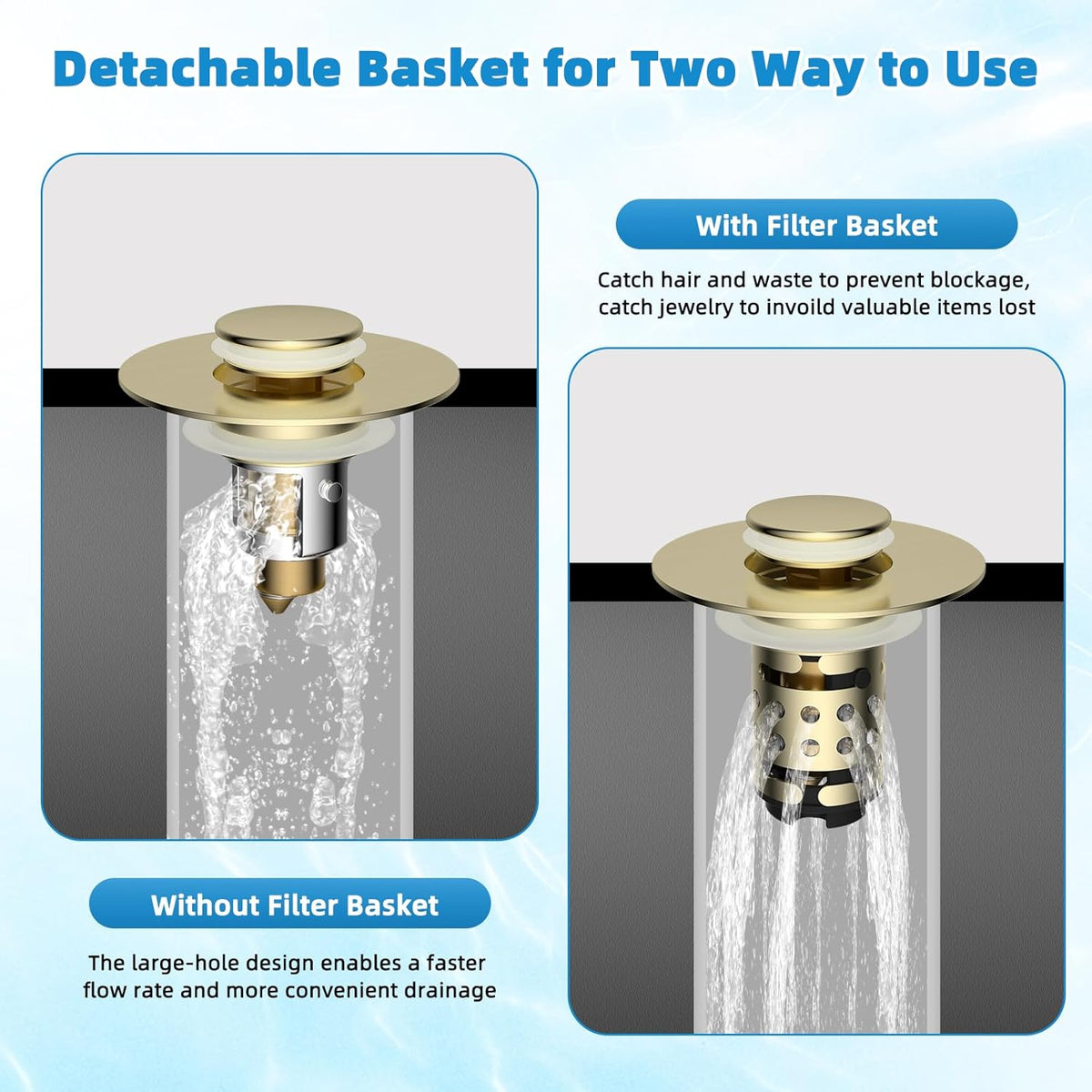 Universal Bathroom Sink Stopper Hair Catcher Upgraded with 2-Layer Detachable Filter Basket, 4 in 1 Pop Up Drain Strainer, Anti-Clog, Odor-Block, Fit for 1.1''~2.36'' Sinks, 2PCS, Brushed Gold
