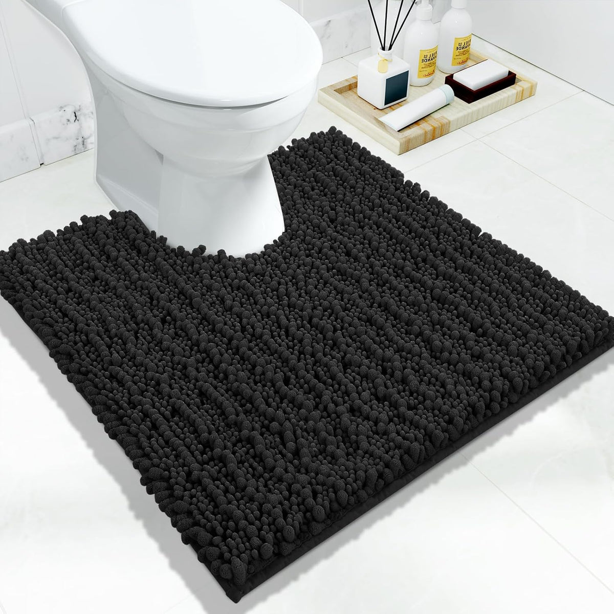 Yimobra Toilet Rug U Shaped Washable 24x20 Inch - Ultra Soft Absorbent Chenille Bath Rugs for Toilet, Quick Dry & Machine Washable, Non Slip Contour Bathroom Mat, Black
