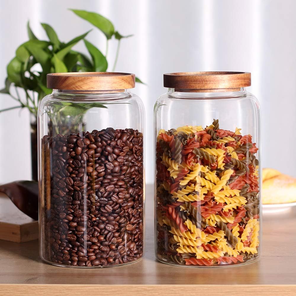 Large Glass Jar with Airtight Lid Set of 2 93 FL OZ(2750ml) glass canister set, Glass Food Containers Wooden Lid Suit for Kitchen Pantry for Flour, Tea, Coffee Beans, Sugar, Cookies(8.8 inch high)
