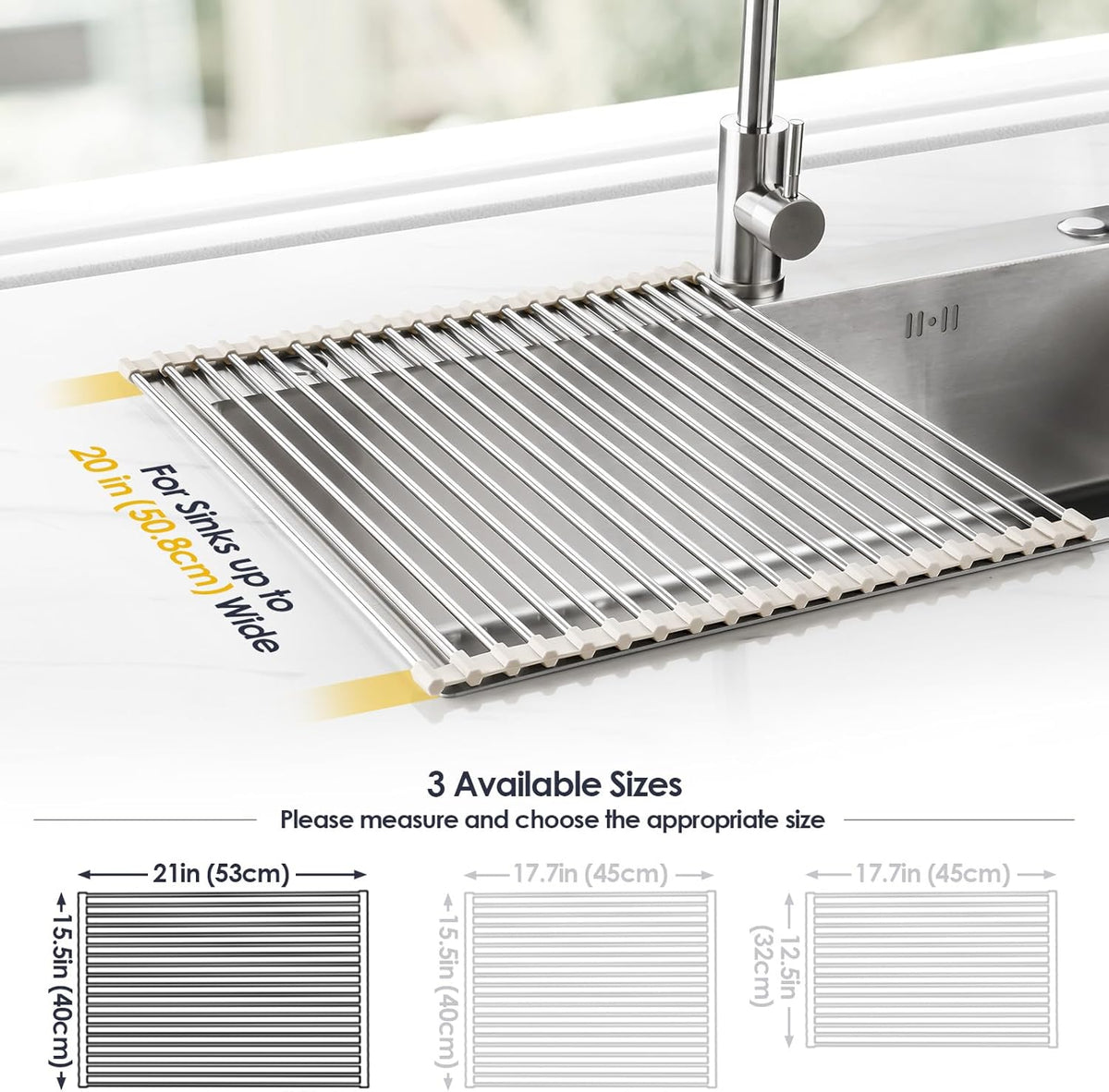 Tomorotec 21" x 15.5" Roll Up Dish Drying Rack Over Sink Drying Rack Sink Cover Kitchen Sink Accessories Gadget Multipurpose Organizer Foldable Stainless Steel Drainer