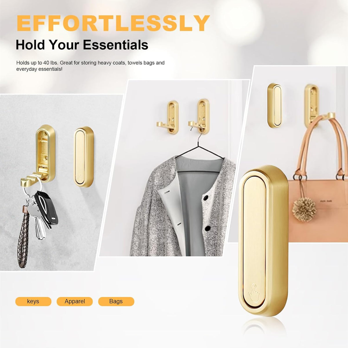 Heavy Duty Gold Folding Wall Hooks 2 Pack, Space Saving Foldable Coat Hooks for Bathroom, Closet, Entryway, Kitchen, Towel, Robe, Bag, Hat Hanging, Easy Mount, Zinc Alloy, Corrosion-Resistant ﻿