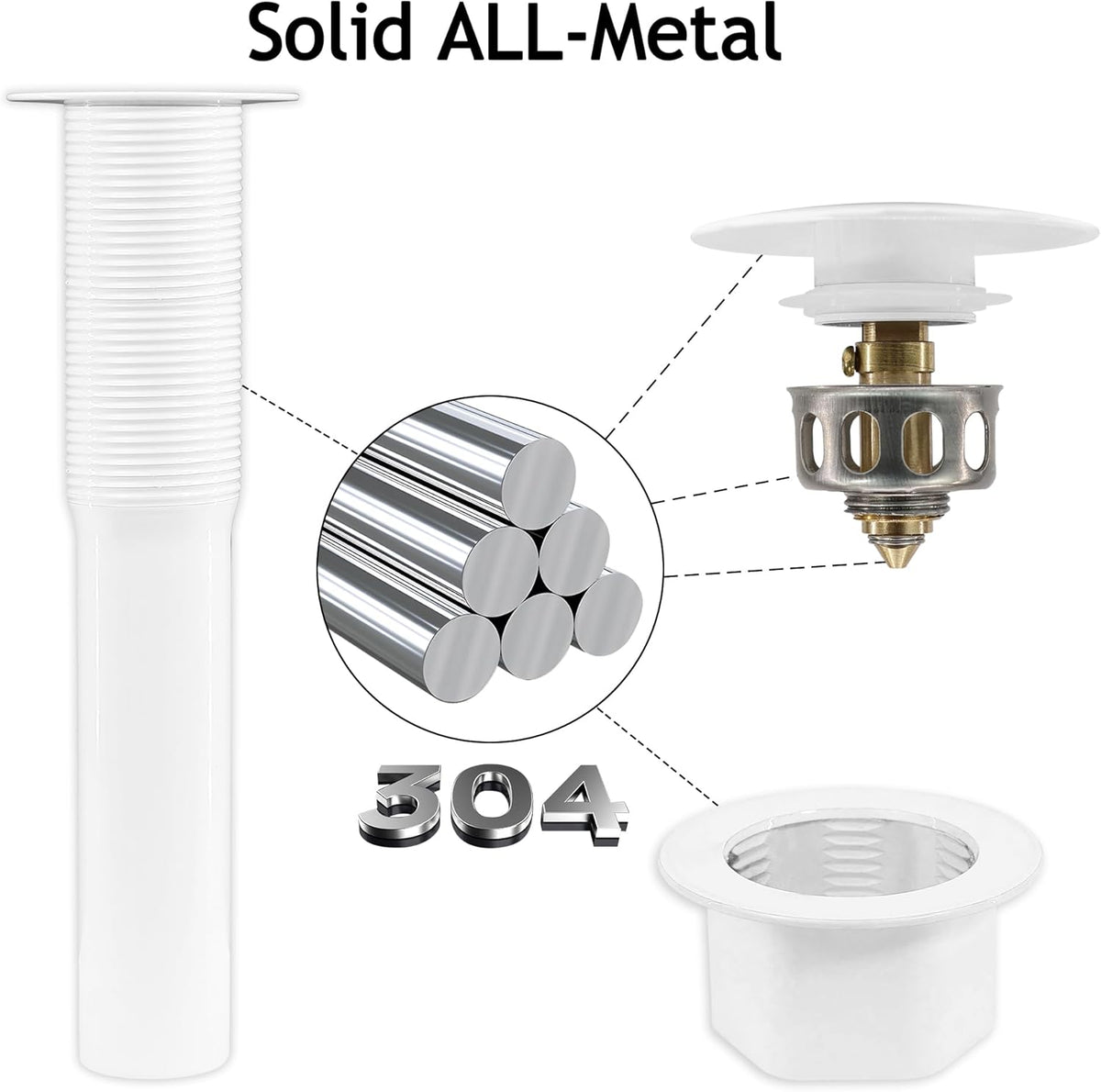 Bathroom Sink Drain,Drain Stopper Bathroom Sink Without Overflow,Pop Up Drain Assembly with Detachable Strainer Basket,Built-in Anti-Clogging, Stainless Steel Nut White