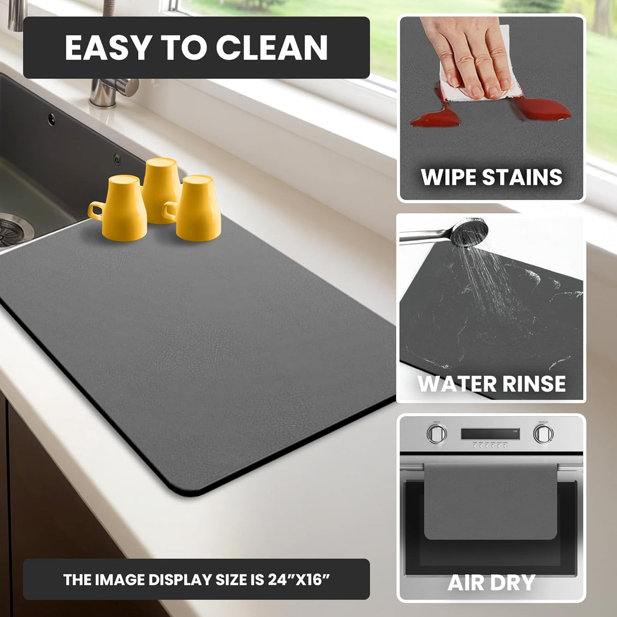 Dish Drying Mat Super Absorbent – 24" x 16" Coffee Mat for Countertops – Non-Slip Drying Mat for Kitchen Counter – Easy to Clean Water Absorbent Mat – Large Dish Drying Mats (Dark Gray)
