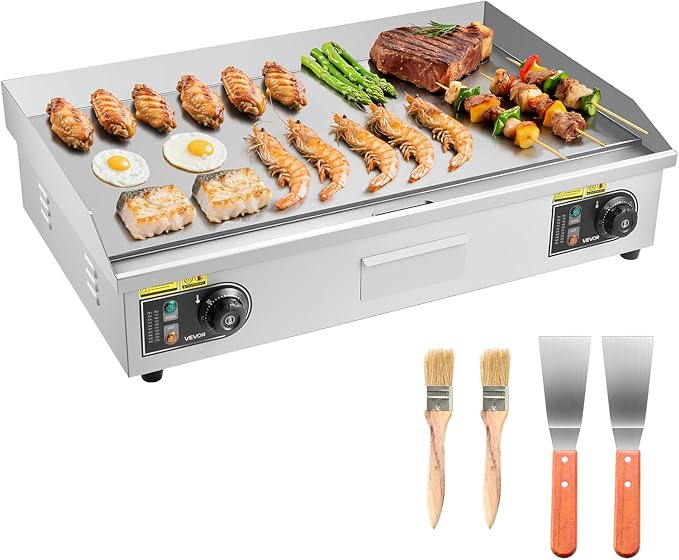 VEVOR Commercial Electric Griddle, 28.54 x 15.75 in, 4400W, 122-570°F Adjustable Temp Control, Stainless Steel Countertop Full Flat Top Grill with 2 Spatulas, 2 Brushes, for Steak, Pancake(NO PLUG)