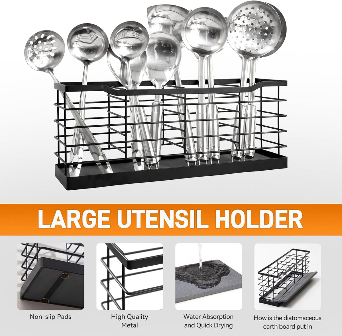 Large Utensil Holder for Kitchen Countertop,Cookware Organizer Dryer with Diatomaceous Earth Base,Cooking Tools Storage for Kitchen Counter,Metal Matte Black(4 Compartments)