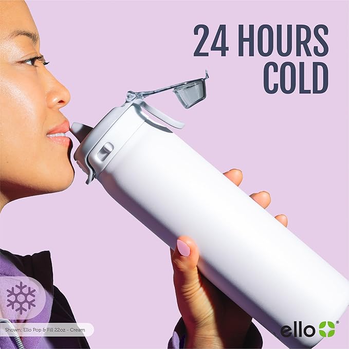 Ello Pop & Fill 22oz Stainless Steel Water Bottle with Quick Fill Technology, Double Walled and Vacuum Insulated Metal, Leak Proof Locking Lid, Sip and Chug, Reusable, BPA Free, Rosy Skyline