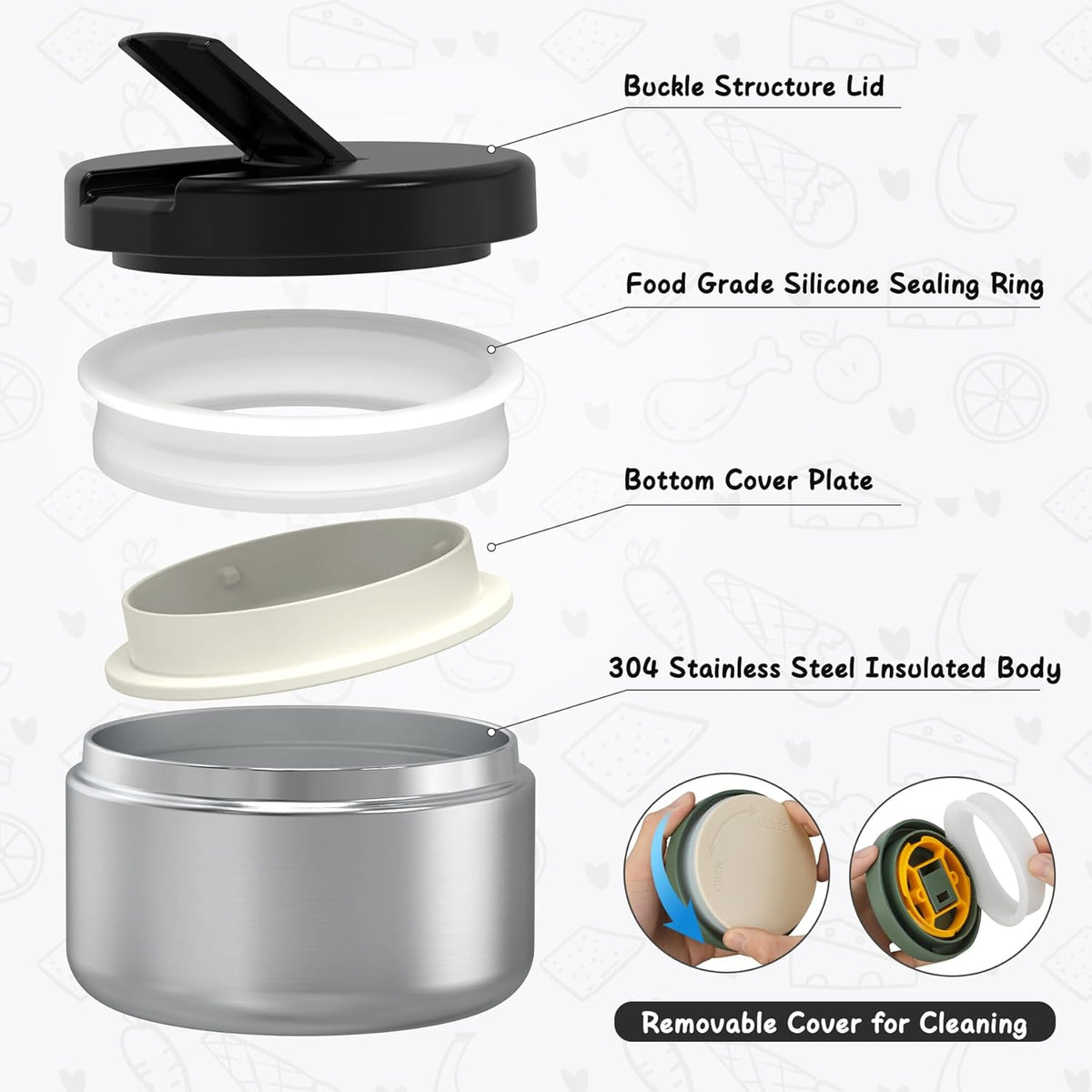 Bento Lunch Box with 8oz Soup Thermo, Leak-Proof Lunch Containers with 4 Compartment, Thermo Hot Food Jar and Insulated Lunch Box for School Black