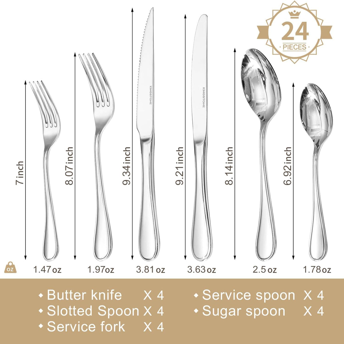 KINGSTONE 24 Piece Teardrop Silverware Set with Steak Knives, 18/10 Stainless Steel Flatware Set for 4, Modern Design Cutlery Set for Home/Hotel/Wedding,Mirror Polished and Dishwasher Safe
