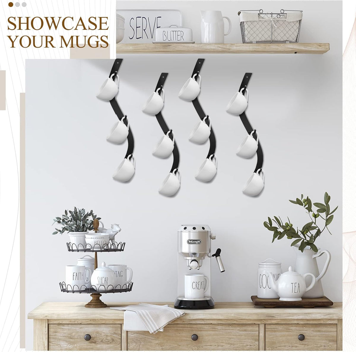 Sosation 4 Pack Coffee Mug Wall Rack Mounted with 12 Hooks S Curve Metal Coffee Cup Rack Wall Hanging Holder for Bar Kitchen Corner Station Decor Display