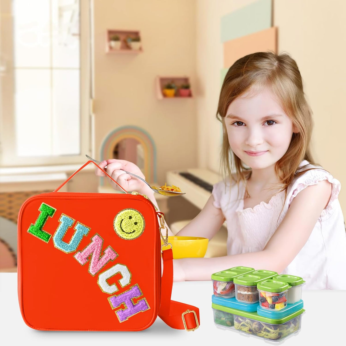 Insulated Lunch Bag With Adjustable Shoulder Strap, Nylon Preppy Lunch Box Large Insulated Lunch Bag Reusable Lunch Tote Bag with Smiley Preppy LunchBag for Girls School Travel Picnic (Orange)