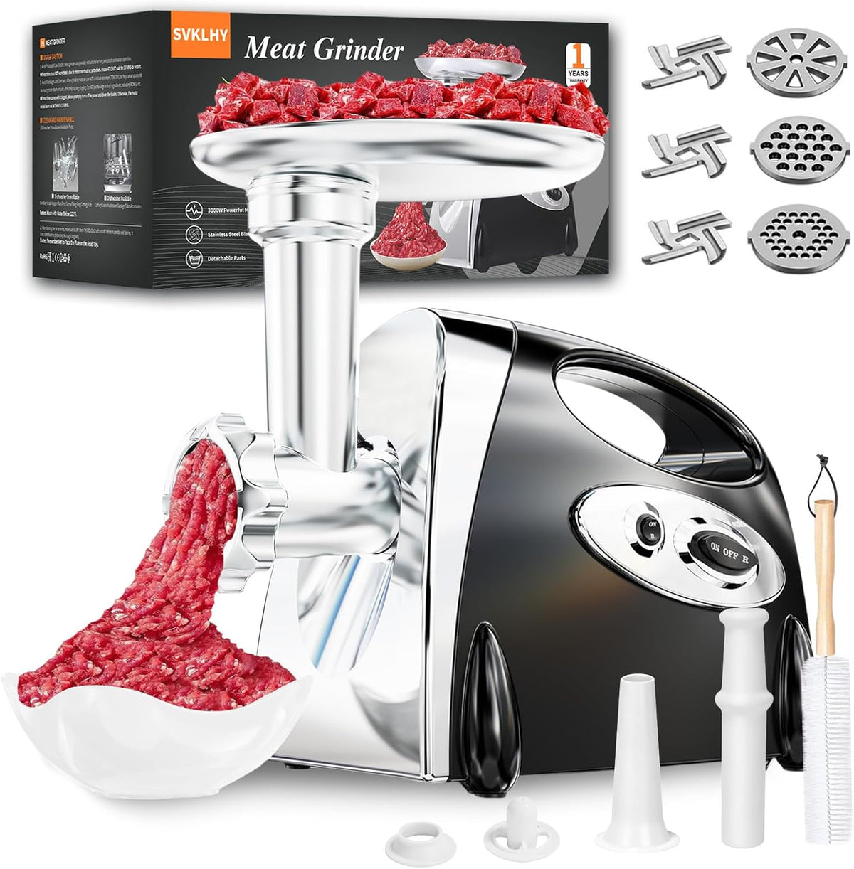 Electric Meat Grinder: [3000W Superior Motor] [Exquisite Box] Meat Grinder with 6 PCS Stainless Steel Blades & Grinding Plates, Sausage Stuffer Tubes & Kubbe Kit Portable Handle for Gift (Black)