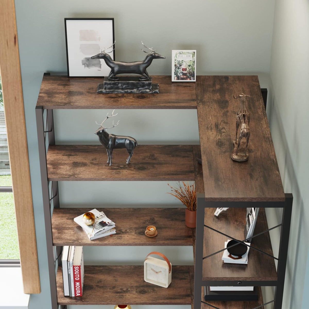 6-Shelf Corner Bookshelf, Vintage Industrial CornerBookshelf Etagere Bookcase, Large Book Shelf with Metal Frame Open Storage Corner Cabinet for Living Room Home Office（Retro Brown）
