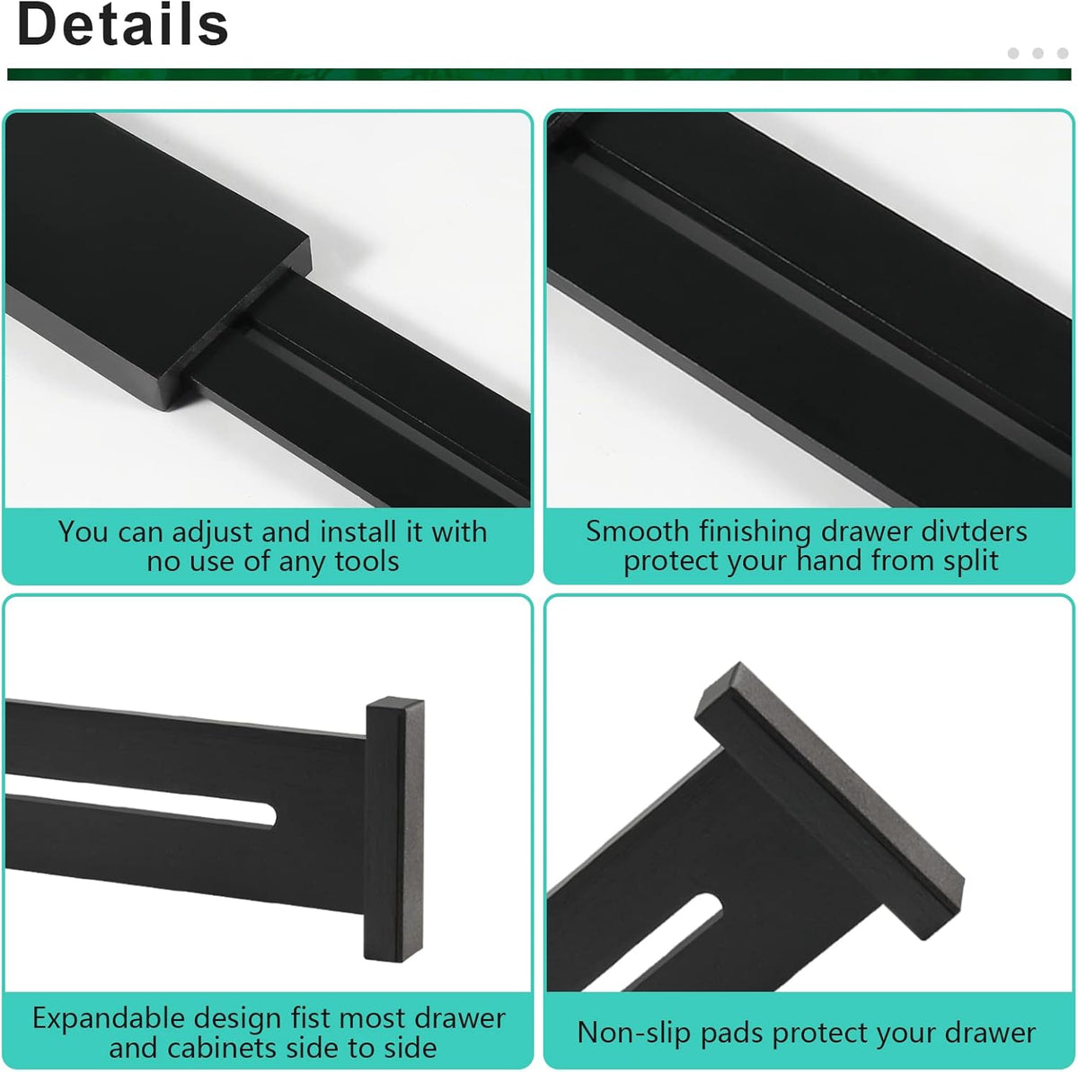 FJO 4 Pack Adjustable Bamboo Drawer Dividers - 12.5" - 21.7" Expandable Drawer Separators for Kitchen, Utensils, Clothes, Bedroom, Dresser, Bathroom (Black)