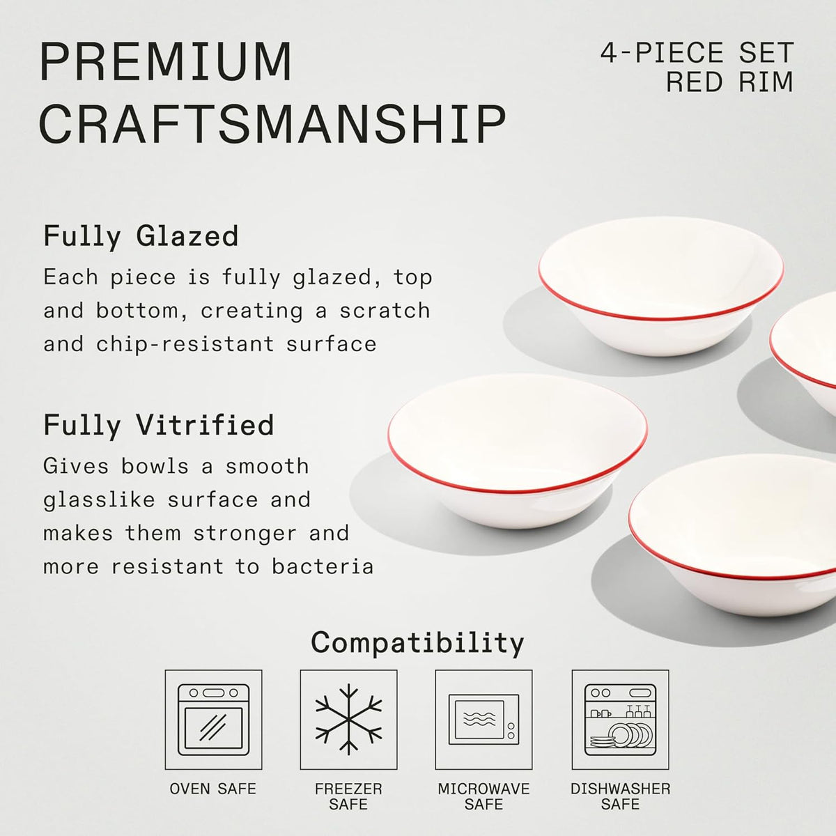 Made In Cookware - Set of 4 - Side Bowls - White With Red Rim - Porcelain England