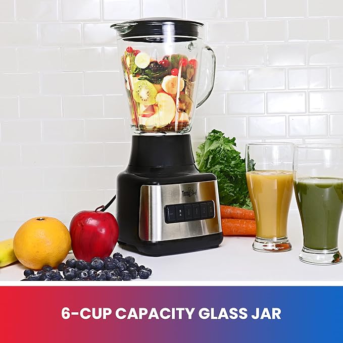 Total Chef Countertop Blender – Electric Mixer for Smoothies, Ice Crush & Pulse Function, Heavy Duty Glass Pitcher licuadora With 6 Speed, Kitchen Appliance, Dishwasher-Safe Jar, Black