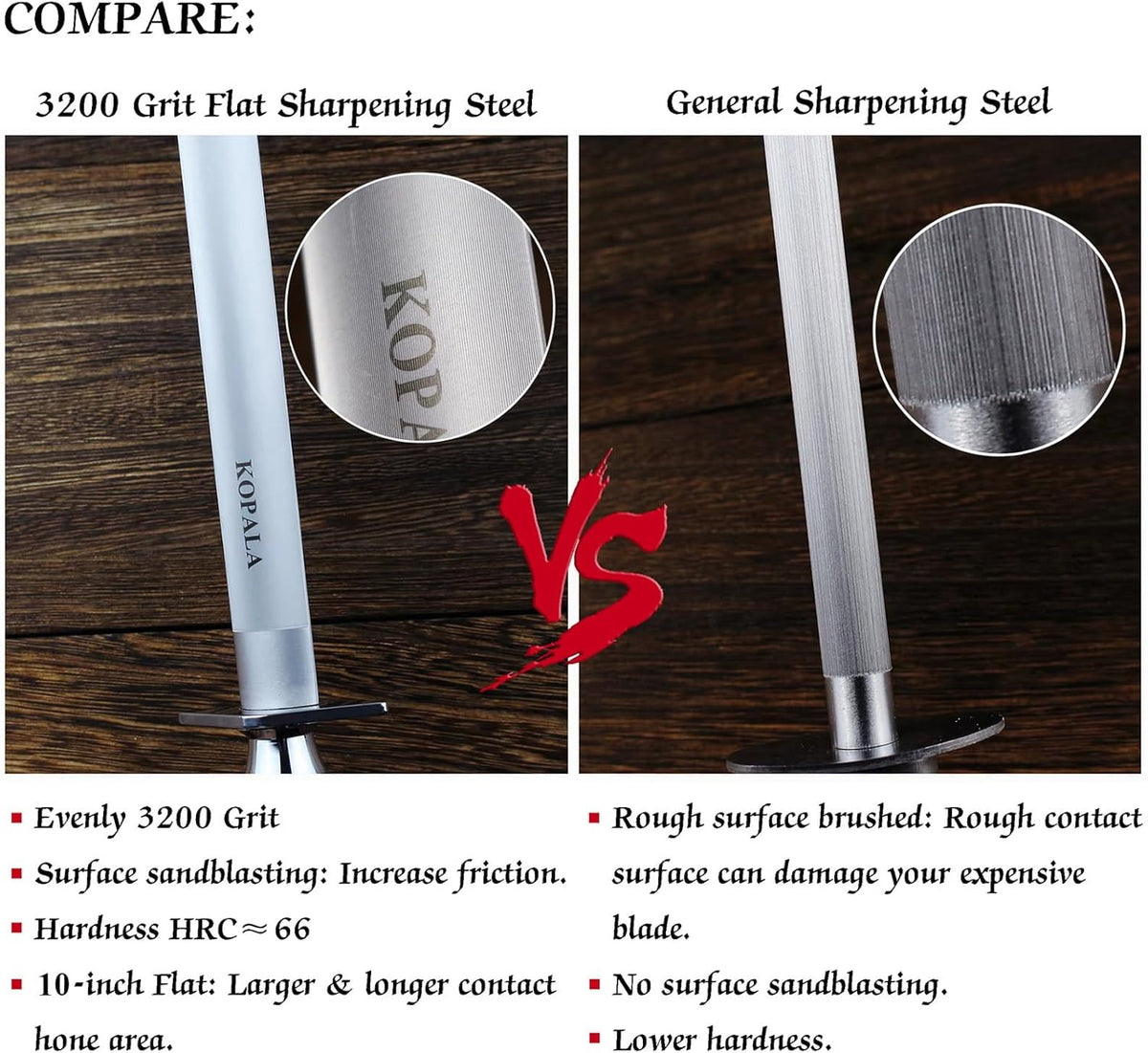 Sharpening Steel Knife Sharpener Rod Flat 10 Inches Honing Steel for Knives Dark