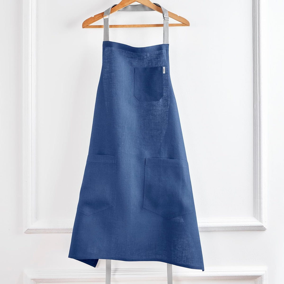Solino Home Linen Kitchen Apron for Men & Women - Indigo Blue/Soft Grey Bib Apron with Front Pockets - Handcrafted from European Flax
