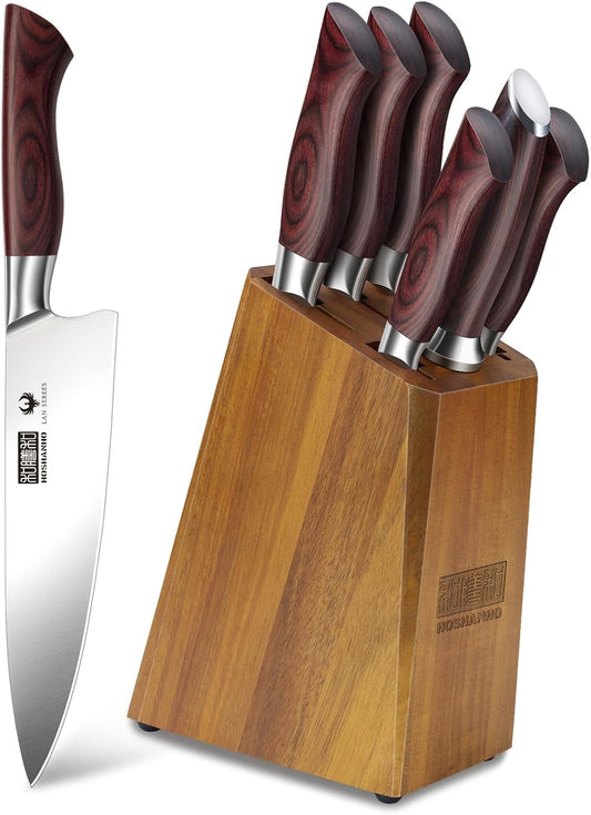 HOSHANHO 7-Piece Knife Set with Block - High-Carbon Stainless Steel Kitchen Knife, Ultra Sharp Professional Chef Knives with Sharpener