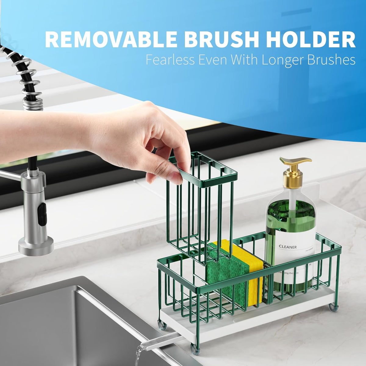 Cisily Sponge Holder for Kitchen Sink, Sink Caddy Organizer with High Brush Holder, Countertop Organizers and Storage Rustproof 304 Stainless Steel, Dark Green Kitchen Decor and Accessories