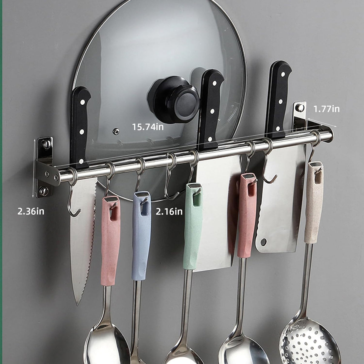 ASkinds Utensil Hanging Rack Stainless Steel Rail Hanger Rod Wall Mounted Pot Pan Lid Holder Cookware Storage Organizer with Sliding Hooks for Kitchen Bathroom