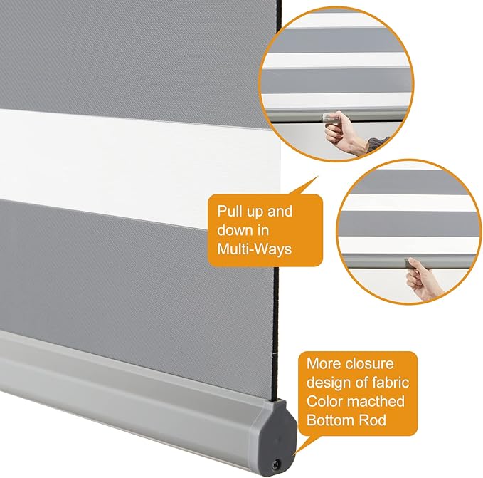 Persilux Cordless Zebra Blinds for Windows Free-Stop Window Shades (27" W X 72" H, Grey) Dual Layer Light Control for Day and Night, Light Filtering Sheer Shades for Home, Easy to Install