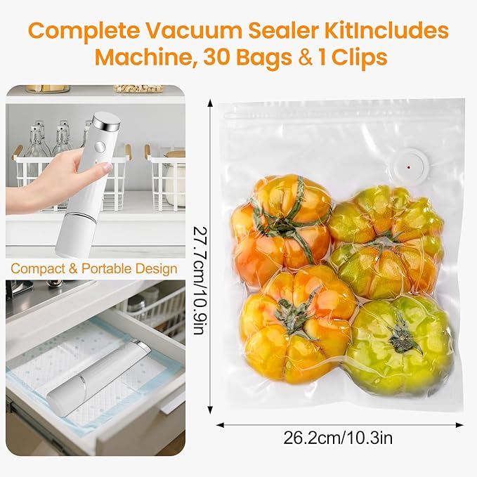 Compact Vacuum Sealer for Food (Portable Vacuum Sealer Machine+30 Reusable Bags) Compact Handheld Food Saver for Meat, Camping & RV Travel,Seal Food 6X Fresh Longer, Portable & Wireless, Easy-Clean