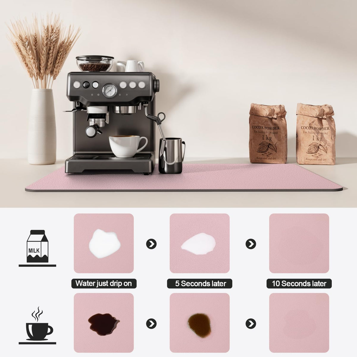 Dish Drying Mat for Kitchen Counter | Coffee Bar Mat for Countertops | Heat Resistant Drainer Mat with Non-slip Rubber Backed | Hide Stain Kitchen Absorbent Draining Mat | Pink 18"x32"