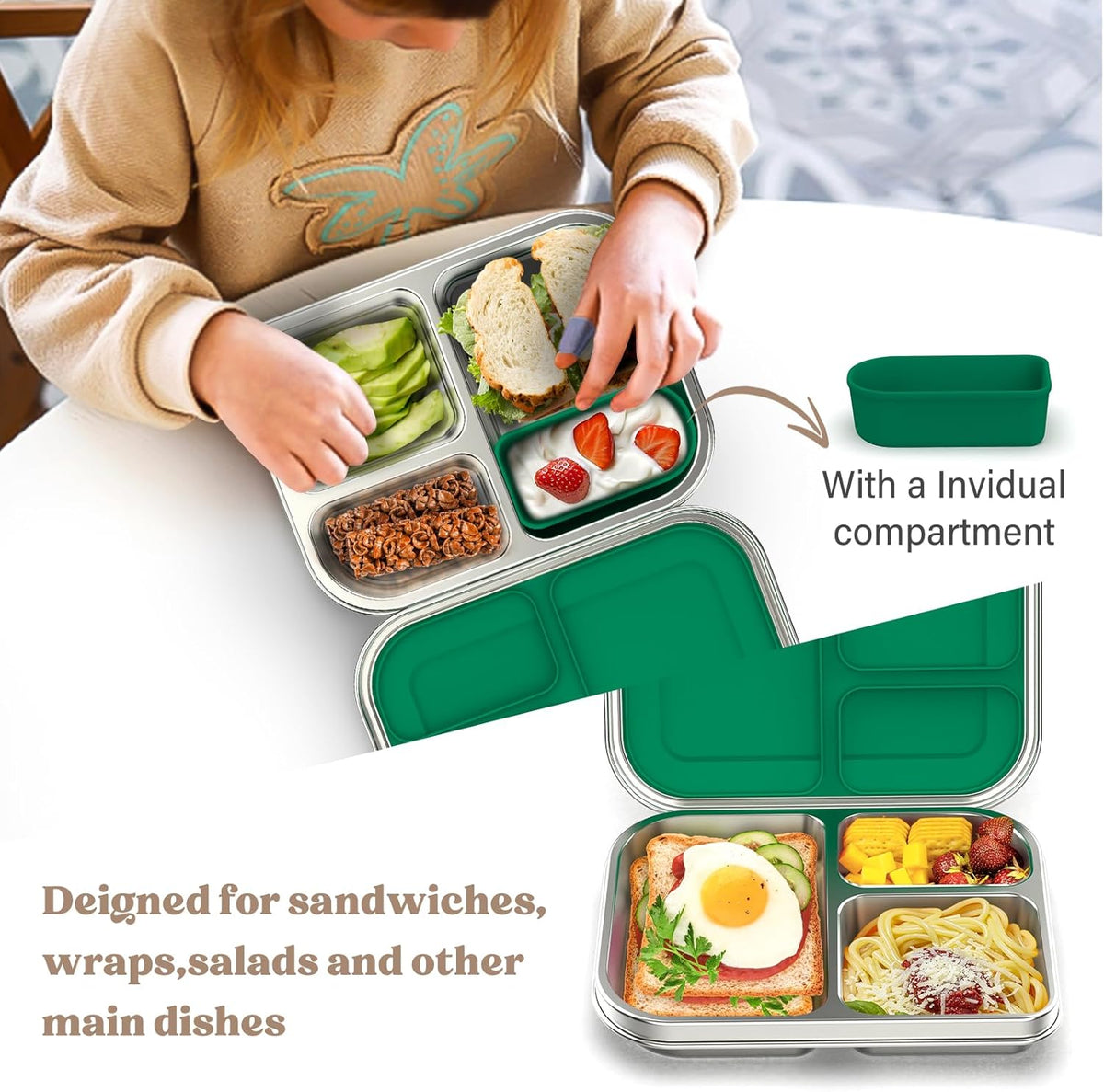 Stainless Steel Bento Box Kids, 3 Compartments Leak Proof Metal Bento Lunch Box, 304 Stainless Steel Bento Lunch Containers for School and Office,Dishwasher Safe, BPA-Free-Green