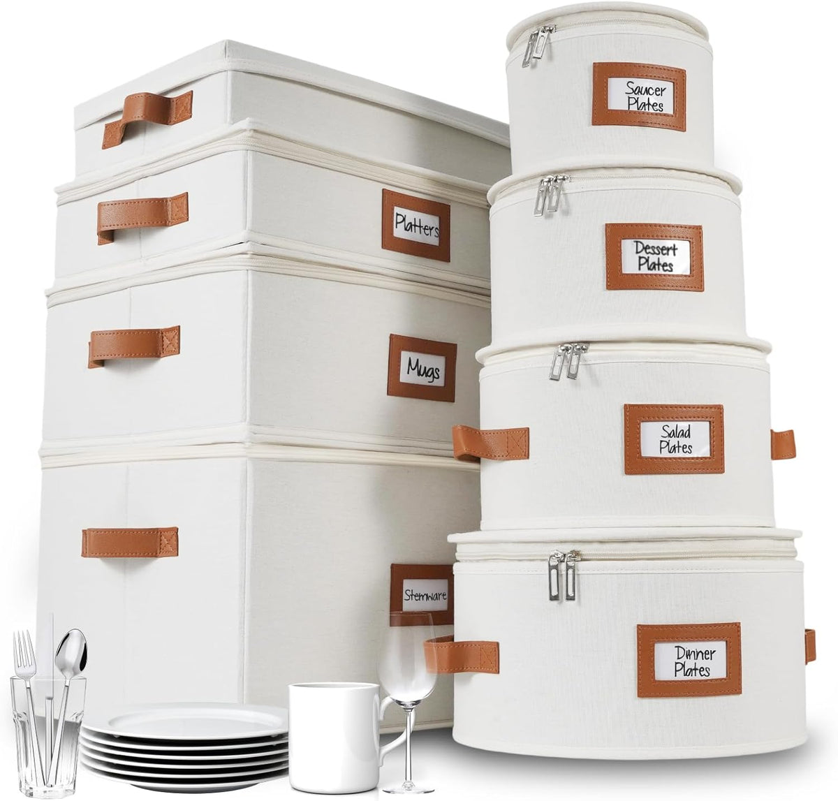 HOMELUX THEORY Hard Shell China Storage Containers, 8pc Ivory Mug & Plate Storage Box, Kitchen Storage Bins W/Lids, Heavy Duty Moving Box with Handles for Dishes, Glassware, Silverware, Cup & Mug