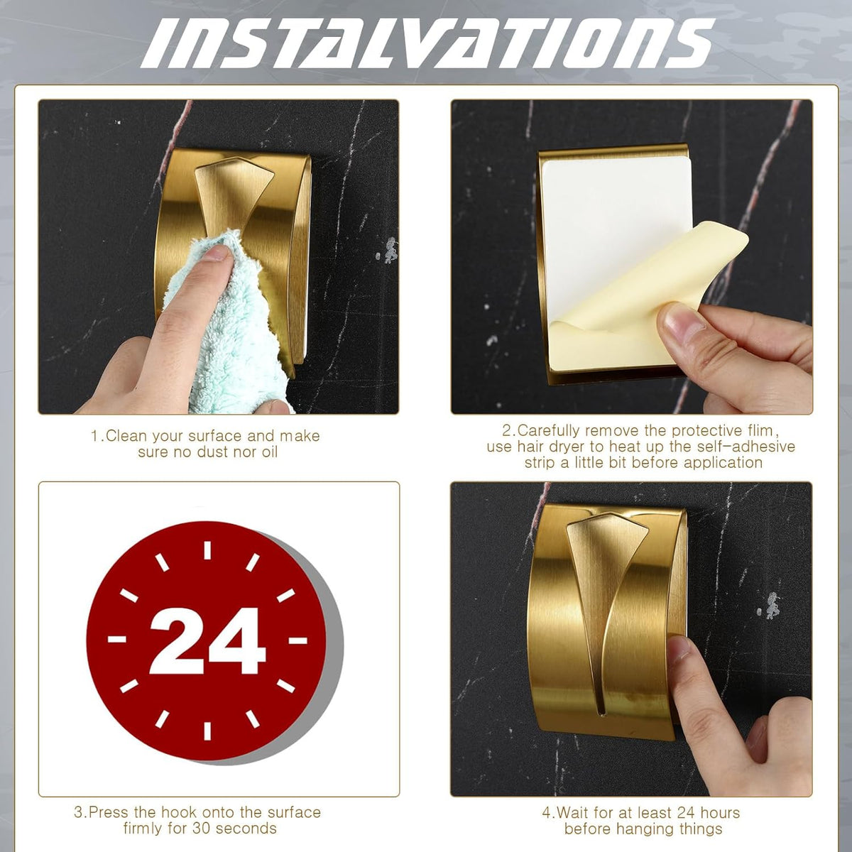 Boao 4 Pcs Self Adhesive Towel Hook Holder Grabber Stainless Steel Kitchen Dish Towel Hook Wall Mount Non Drilling Hangers Rack Hand Tea Holders for Bathroom Accesories Kitchen Gadgets(Gold)