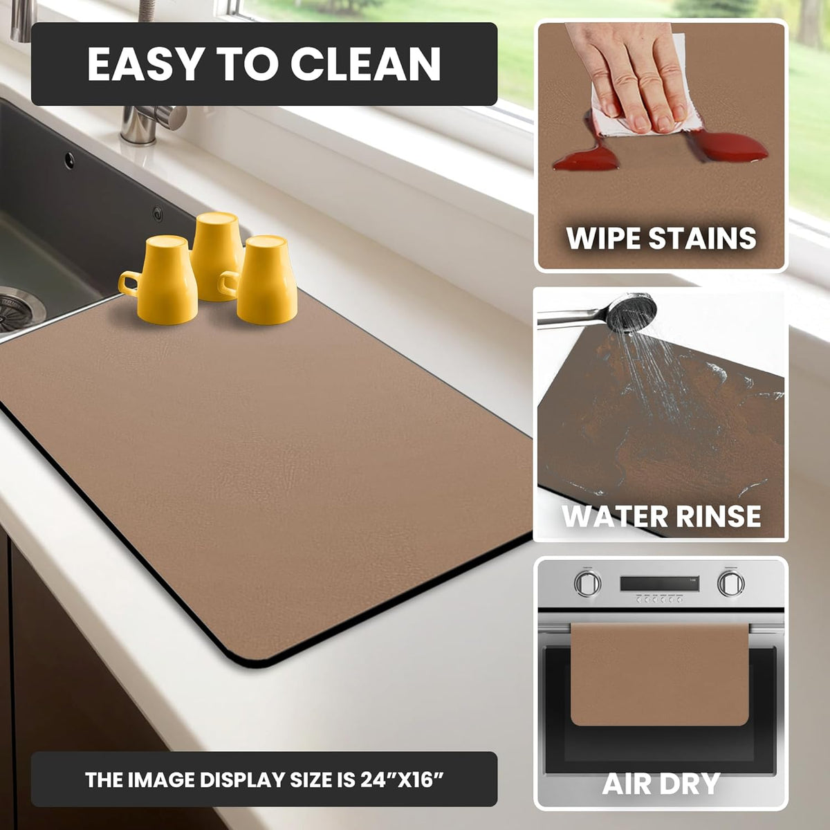 Dish Drying Mat Super Absorbent – 16" x 12" Coffee Mat for Countertops – Non-Slip Drying Mat for Kitchen Counter – Easy to Clean Water Absorbent Mat – Quick Dry Dish Drying Mats (Brown)