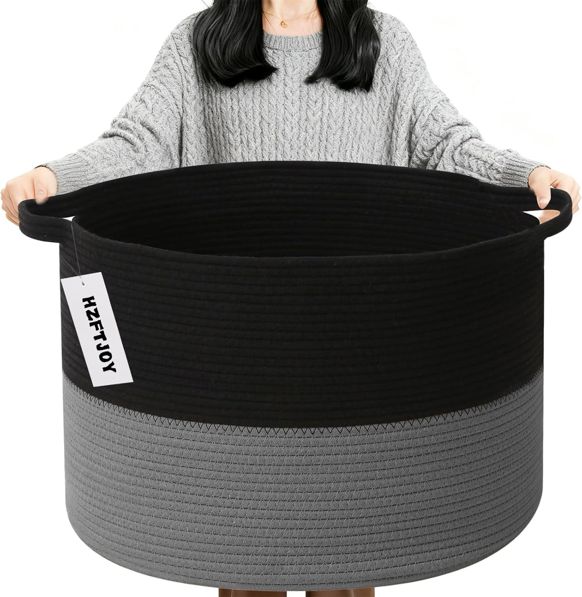 Large Blanket Basket for Organizing,65L Closet Organizers and Storage Bins Box for Shelves Woven Rope Storage Baskets,Living Room,Bedroom,Dorm,Laundry room (Black&Dark Grey)
