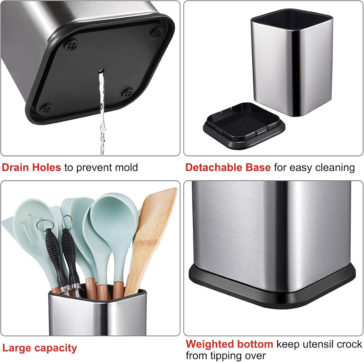RedCall Stainless Steel Kitchen Utensil Holder for Countertop, Spoon Spatula Organizer,Modern Rectangular Large Cooking Utensil Caddy Counter,Utensil Crock Silver