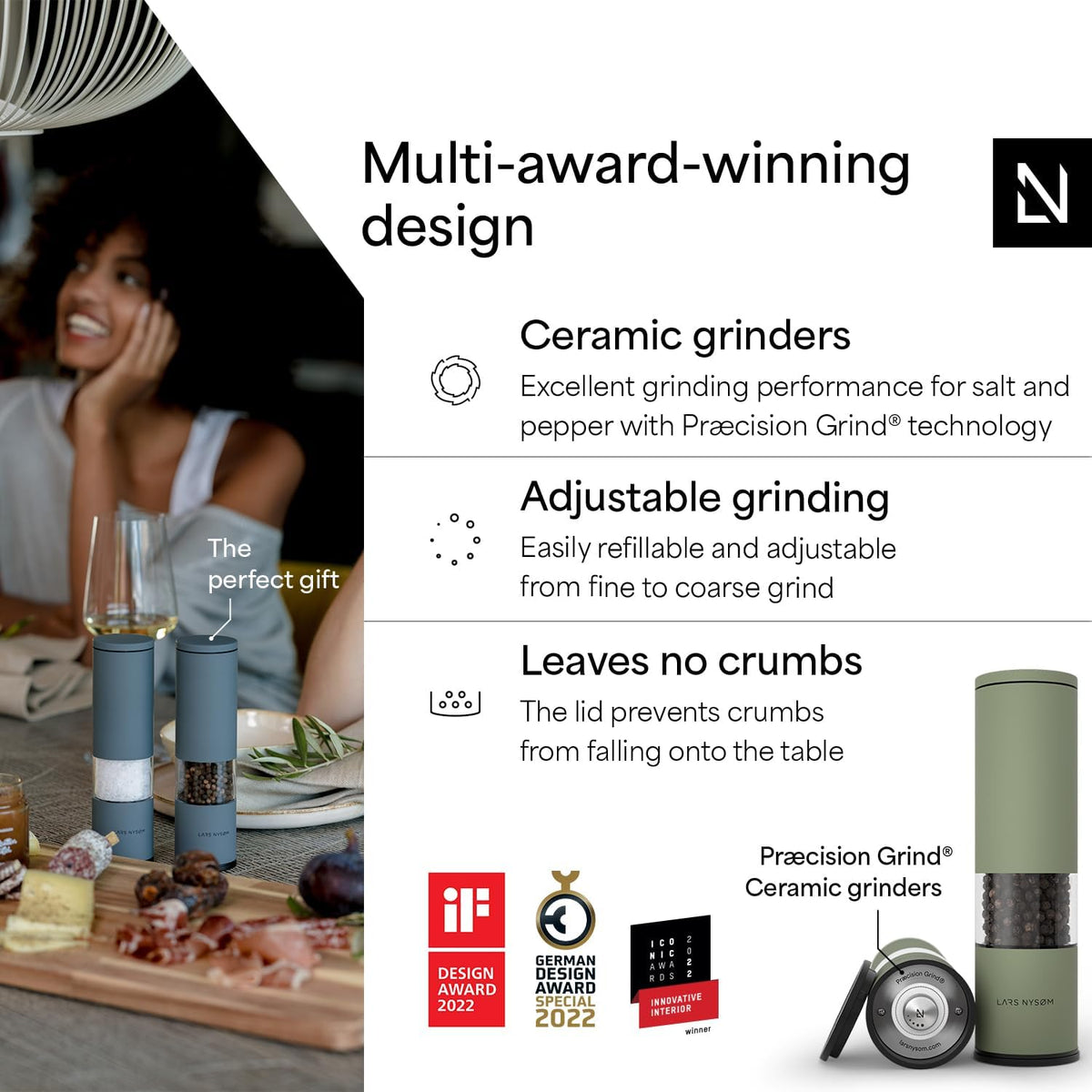 LARS NYSØM Salt and Pepper Grinder Set Manual, Stainless Steel Salt and Pepper Mills with Adjustable Ceramic Grinder I Design Spice Shakers (Sage Green)